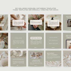 May include: A set of 100 wellness carousel Instagram templates, designed for Canva. The templates feature images with text overlays, including phrases like "How to Feel Your Feelings" and "Get My Free Wellness Guide."