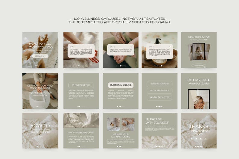May include: A set of 100 wellness carousel Instagram templates, designed for Canva. The templates feature images with text overlays, including phrases like "How to Feel Your Feelings" and "Get My Free Wellness Guide."