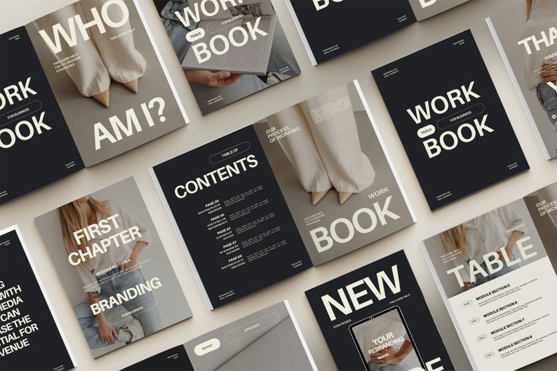 May include: A collection of black and beige workbooks with the text "WORK BOOK" on the cover. The workbooks are laid out on a beige surface. The text "WHO AM I?" and "FIRST CHAPTER" are visible on the covers of two of the workbooks.