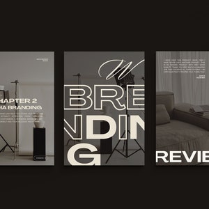 Pu&ograve; includere: Tre poster in bianco e nero con la parola "Branding" in grassetto in lettere bianche. Il poster a sinistra ha il testo "Capitolo 2 Branding Media" e una foto di uno studio con attrezzatura di illuminazione. Il poster centrale ha la parola "Branding" in grassetto in lettere bianche. Il poster a destra ha il testo "Recensione" e una foto di un divano in pelle marrone con un laptop sopra.