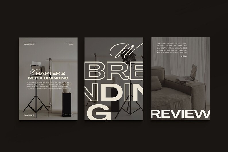 Pu&ograve; includere: Tre poster in bianco e nero con la parola "Branding" in grassetto in lettere bianche. Il poster a sinistra ha il testo "Capitolo 2 Branding Media" e una foto di uno studio con attrezzatura di illuminazione. Il poster centrale ha la parola "Branding" in grassetto in lettere bianche. Il poster a destra ha il testo "Recensione" e una foto di un divano in pelle marrone con un laptop sopra.