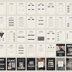 May include: A set of printable worksheets and templates for business planning, goal setting, and marketing. The templates feature a minimalist black and white design with headings like "Roadmap", "Goals", "New Guide", and "Online Course".