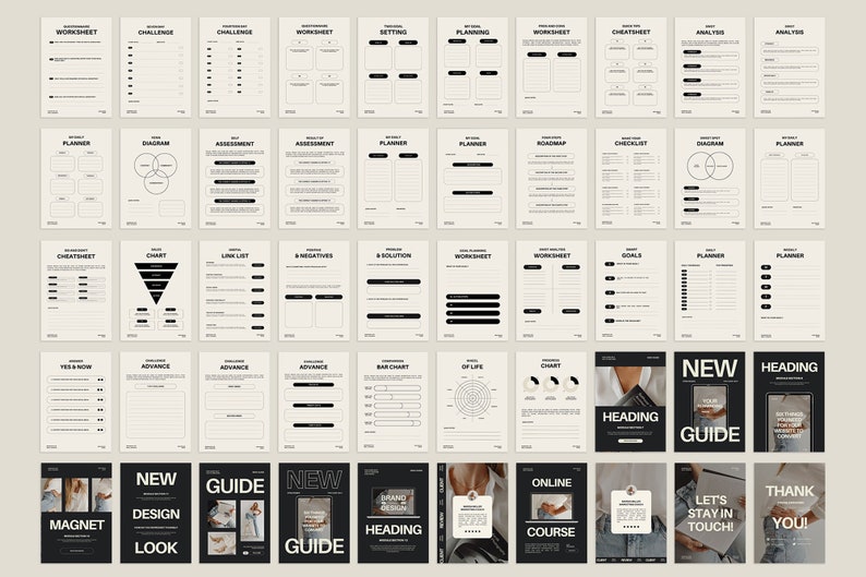 May include: A set of printable worksheets and templates for business planning, goal setting, and marketing. The templates feature a minimalist black and white design with headings like "Roadmap", "Goals", "New Guide", and "Online Course".