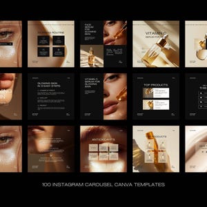 May include: A collection of 100 Instagram carousel Canva templates. The templates feature beauty product themes, including glowing skin, vitamin C serum, and antioxidants. The design uses a neutral color palette with images of eyes, lips, and product bottles.