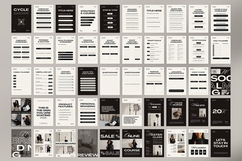 Pu&ograve; includere: Un set di 24 fogli di lavoro stampabili in bianco e nero con un design minimalista. I fogli di lavoro sono per la pianificazione aziendale, i social media e il branding. I fogli di lavoro includono titoli come "Ciclo", "Corso di strategia E", "Foglio di lavoro della checklist", "Problema e soluzione", "Foglio di lavoro di pianificazione degli obiettivi", "Positivi e negativi", "Foglio di lavoro di analisi SWOT", "Obiettivi intelligenti", "Pianificatore giornaliero", "Pianificatore settimanale", "Elenco dei link utili", "Rispondi s&igrave; e ora", "Foglio di trucchi dei suggerimenti rapidi", "Questionario", "Sfida agli abbonati", "Caratteristiche del prodotto", "Branding personale", "Moodboard", "Recensione", "Sconto %", "Corso online", "Master Class", "Sito web", "Social media" e "Restiamo in contatto!"