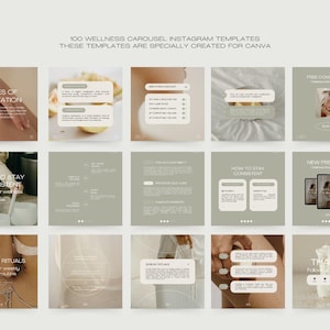 May include: A set of 100 wellness carousel Instagram templates, designed for Canva. The templates feature text overlays with phrases such as "Types of Meditation" and "Sunday Rituals", in a neutral colour palette.