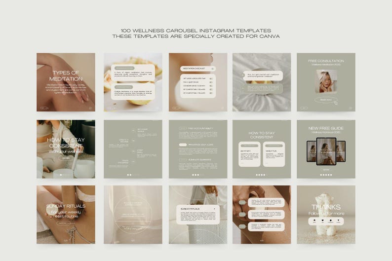 May include: A set of 100 wellness carousel Instagram templates, designed for Canva. The templates feature text overlays with phrases such as "Types of Meditation" and "Sunday Rituals", in a neutral colour palette.