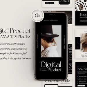 May include: A digital product for coaches and teachers with 150 Canva templates. The templates include 50 Instagram post templates, 50 Instagram story templates, and 50 templates for Pinterest feeds. Everything is changeable in Canva.