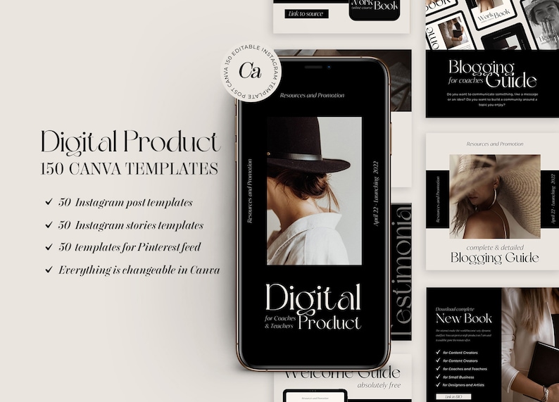 May include: A digital product for coaches and teachers with 150 Canva templates. The templates include 50 Instagram post templates, 50 Instagram story templates, and 50 templates for Pinterest feeds. Everything is changeable in Canva.