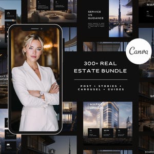 May include: A digital marketing bundle for real estate professionals. The image features a woman in a white blazer, surrounded by marketing materials. Text includes "300+ Real Estate Bundle" and "Post + Stories + Carousel + Guides."
