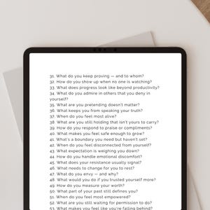 May include: A black tablet displays a list of self-reflection questions in a white font. The questions are numbered and cover topics like self-worth, boundaries, and emotional well-being. The tablet is on a white surface.