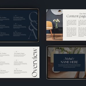 Pode incluir: Quatro capturas de tela de um tablet que exibe o esbo&ccedil;o de um curso de marketing digital. O curso inclui m&oacute;dulos sobre conhecer seus pontos fortes, design de infogr&aacute;ficos, decis&otilde;es importantes, an&aacute;lise de p&uacute;blico, gerenciamento da f&aacute;brica e constru&ccedil;&atilde;o da sua marca. As capturas de tela est&atilde;o em um fundo azul escuro com detalhes dourados.