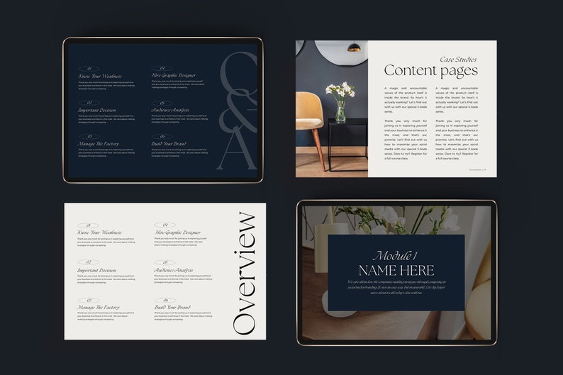 Pode incluir: Quatro capturas de tela de um tablet que exibe o esbo&ccedil;o de um curso de marketing digital. O curso inclui m&oacute;dulos sobre conhecer seus pontos fortes, design de infogr&aacute;ficos, decis&otilde;es importantes, an&aacute;lise de p&uacute;blico, gerenciamento da f&aacute;brica e constru&ccedil;&atilde;o da sua marca. As capturas de tela est&atilde;o em um fundo azul escuro com detalhes dourados.