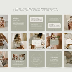 May include: A set of 100 wellness carousel Instagram templates designed for Canva. The templates feature images of people and text such as "4 Easy Steps to Glow Up", "What is a Glow-Up?", and "Daily Rituals". The overall colour scheme is muted green and beige.