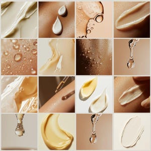 Puede incluir: Un collage de im&aacute;genes que muestran varios productos para el cuidado de la piel, incluidos sueros, cremas y aceites. Las im&aacute;genes muestran los productos aplicados a la piel, as&iacute; como primeros planos de las texturas y consistencias.