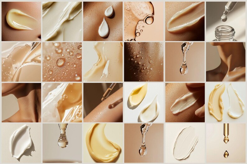 Puede incluir: Un collage de im&aacute;genes que muestran varios productos para el cuidado de la piel, incluidos sueros, cremas y aceites. Las im&aacute;genes muestran los productos aplicados a la piel, as&iacute; como primeros planos de las texturas y consistencias.