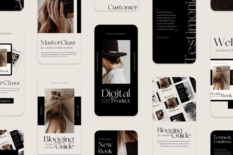 May include: A collection of digital products for coaches and online teachers. The products include a masterclass, a digital product, a new book, a blogging guide, a workbook, and terms and conditions. The products are designed in a minimalist style with black and white colors.