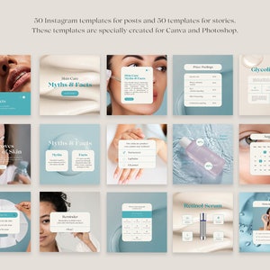 May include: A collection of 100 Instagram templates for posts and stories, designed for use with Canva and Photoshop. The templates feature a light blue and white colour scheme and include images of skincare products, text boxes, and calendar layouts.