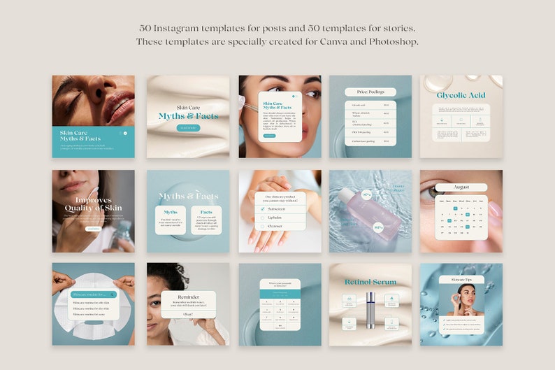 May include: A collection of 100 Instagram templates for posts and stories, designed for use with Canva and Photoshop. The templates feature a light blue and white colour scheme and include images of skincare products, text boxes, and calendar layouts.
