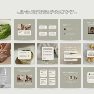 May include: A set of 100 wellness carousel Instagram templates, designed for Canva. The templates include images of matcha, feet, a glass of water, and text about wellness topics. The colour scheme is neutral with green accents.