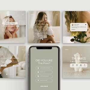 May include: A smartphone screen shows a poll question, "Did You Like This Post?" surrounded by six lifestyle-themed social media posts. The posts feature images of a woman, text, and a review. The colour palette is neutral with beige and white tones.
