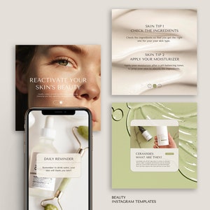 Beauty Instagram Templates for Canva Photoshop Beige Green Skin Care Template Beauty Post Instagram Natural Skin Care Instagram Template
