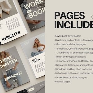 May include: A mockup of a workbook with the title "Work Book" and the text "Pages Included" with a list of the pages included in the workbook. The workbook has a black and white color scheme with a modern design.