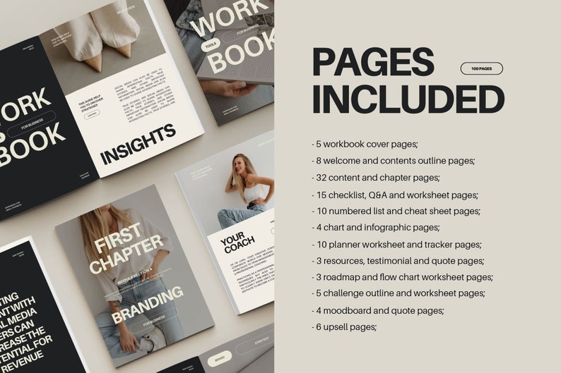 May include: A mockup of a workbook with the title "Work Book" and the text "Pages Included" with a list of the pages included in the workbook. The workbook has a black and white color scheme with a modern design.