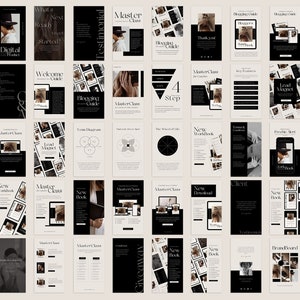 May include: A collection of 36 black and white digital marketing templates for bloggers. The templates feature a minimalist design with a focus on text and images. The templates include a variety of layouts for different types of content, such as blog posts, social media graphics, and email newsletters. The templates are designed to help bloggers create a cohesive and professional brand identity.
