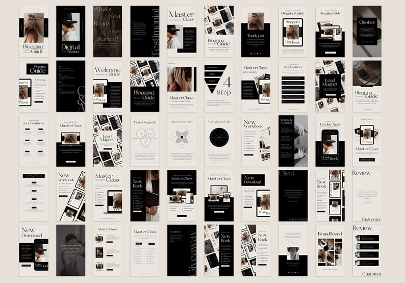 May include: A collection of 36 black and white digital marketing templates for bloggers. The templates feature a minimalist design with a focus on text and images. The templates include a variety of layouts for different types of content, such as blog posts, social media graphics, and email newsletters. The templates are designed to help bloggers create a cohesive and professional brand identity.