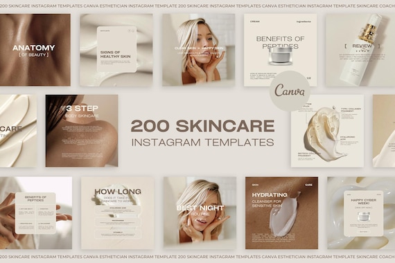200 Skincare Instagram Templates, Skincare Social Media Templates, Skincare Canva Template, Beauty Social Media Templates, Skincare Branding