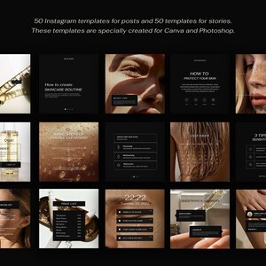 May include: A set of 100 Instagram templates for posts and stories, created for use with Canva and Photoshop. The templates feature a minimalist black and gold colour scheme with images of skincare products and models. The text on the templates includes phrases such as "How to create skincare routine", "How to protect your skin", "3 tips for sensitive skin", and "Questions & Answers".
