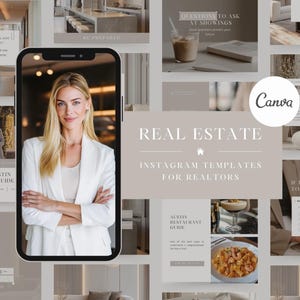 May include: A digital marketing image for real estate. The image features a woman in a white blazer on a smartphone screen, surrounded by real estate-themed Instagram templates. Text includes "Real Estate Instagram Templates for Realtors."