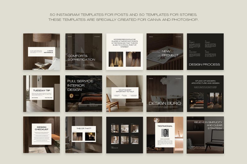 May include: A collection of Instagram templates for posts and stories, specially designed for Canva and Photoshop. The templates feature a minimalist design with text overlays, including phrases like "Comfort & Sophistication" and "Design Process."