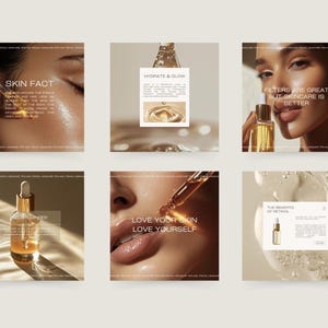 Könnte beinhalten: Werbung für Hautpflegeprodukte. Jedes Bild zeigt das Gesicht eines Models oder einen Teil davon, mit Textüberlagerungen wie "SKIN FACT", "HYDRATE & GLOW" und "LOVE YOUR SKIN LOVE YOURSELF". Die Produkte werden in transparenten Glasflaschen mit Tropfern präsentiert.