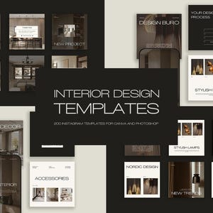 Può includere: Una collezione di modelli Instagram per l'interior design, con vari layout con immagini di decorazioni per la casa, lampade eleganti e accessori. I modelli sono progettati per Canva e Photoshop, con il testo "Interior Design Templates".