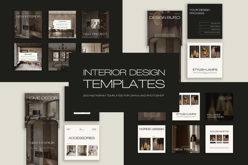 May include: A collection of interior design templates for Instagram, featuring various layouts with images of home decor, stylish lamps, and accessories. The templates are designed for Canva and Photoshop, with the text "Interior Design Templates" and "200 Instagram Templates for Canva and Photoshop".