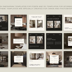 May include: A collection of Instagram templates for posts and stories. The templates are specially created for Canva and Photoshop. Each template features interior design themes with text such as "Interior Design Trends" and "Accessories".