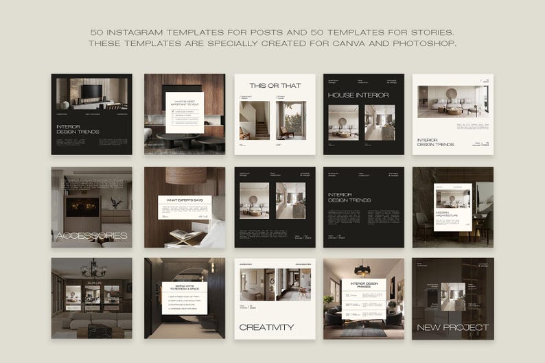 May include: A collection of Instagram templates for posts and stories. The templates are specially created for Canva and Photoshop. Each template features interior design themes with text such as "Interior Design Trends" and "Accessories".
