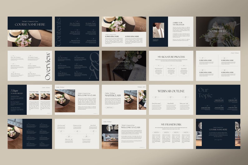 Pode incluir: Um modelo de apresenta&ccedil;&atilde;o com um esquema de cores azul escuro e branco. O modelo apresenta um design floral com um chap&eacute;u e flores. O texto nos slides inclui "Nome do curso aqui", "Vis&atilde;o geral", "Conte&uacute;do", "Meu processo de assinatura", "Depoimento", "Esbo&ccedil;o do webinar", "Masterclass", "Nosso t&oacute;pico", "Minha estrutura", e "Nome aqui".