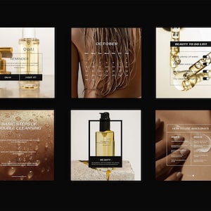 May include: A collection of six Instagram-style images promoting a beauty product line. The images feature a gold bottle with a black label, a calendar, a woman's back, a beauty to-do list, a close-up of the product, and a woman's hand holding a product.