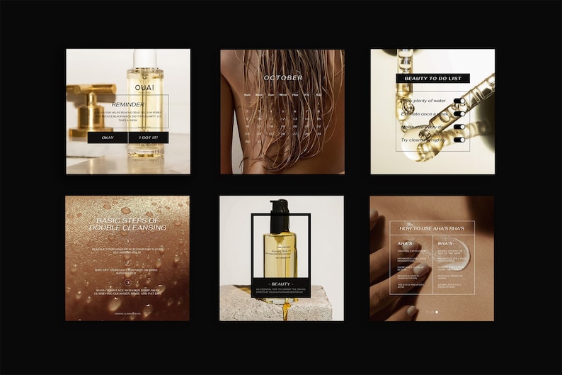 May include: A collection of six Instagram-style images promoting a beauty product line. The images feature a gold bottle with a black label, a calendar, a woman's back, a beauty to-do list, a close-up of the product, and a woman's hand holding a product.