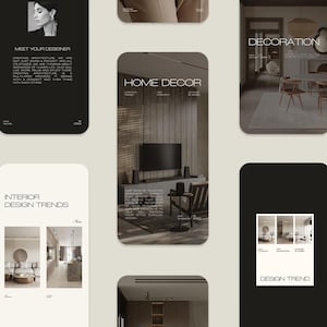 May include: A collection of digital design layouts with a neutral color palette. The layouts feature text and images related to interior design, home decor, and design trends. The layouts are on a light beige background.