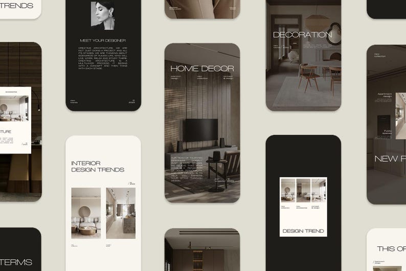 May include: A collection of digital design layouts with a neutral color palette. The layouts feature text and images related to interior design, home decor, and design trends. The layouts are on a light beige background.
