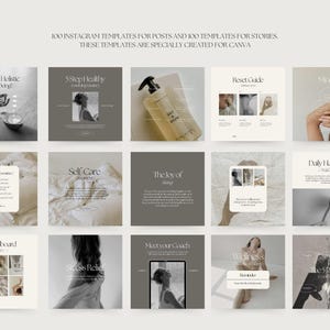 May include: A set of 18 Instagram templates for posts and stories. The templates feature a minimalist aesthetic with a neutral color palette of beige, white, and gray. The templates include text such as "What is Holistic Well Being?", "5 Steps Healthy Morning Routine", "Reset Guide", "Daily Habits for Real Change", "Self Care", "The Joy of Being", "Moodboard", "Stress Release", "Meet Your Coach", "Wellness Reminder", and "The Feelings of Gratitude".