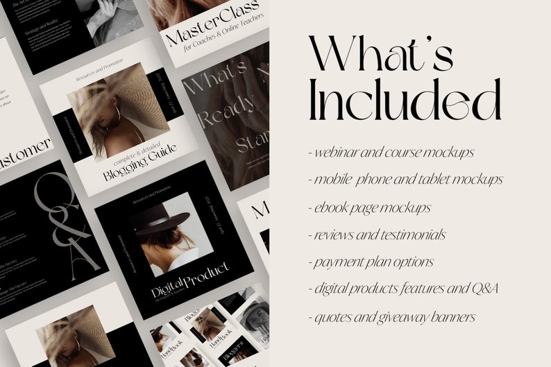 May include: A mockup design template for online coaches and teachers. The template includes mockups for webinars, courses, mobile phones, tablets, ebooks, reviews, testimonials, payment plans, digital products, features, Q&A, quotes, and giveaway banners.