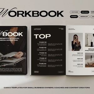 Pu&ograve; includere: Un quaderno di lavoro in bianco e nero con il titolo "WORKBOOK" e "WBOOK 5 BENEFITS OF SOCIAL MEDIA MARKETING" sulla copertina. Il quaderno di lavoro &egrave; aperto a una pagina con il titolo "TOP" e un indice. La pagina include anche una foto di una donna che scatta un selfie con il suo telefono. Il quaderno di lavoro &egrave; progettato per i proprietari di piccole imprese, gli allenatori e i creatori di contenuti.