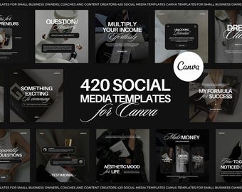 May include: A collection of 420 social media templates for Canva, displayed on a black background. The templates feature various designs with text like "Tips for Entrepreneurs," "Question/Answer," and "Dream Clients." The Canva logo is prominently featured.