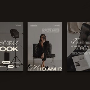 Pu&ograve; includere: Un quaderno di lavoro per piccole imprese con un design in bianco e nero. La copertina presenta il testo "WORK BOOK" in un carattere bianco e grassetto. Il quaderno &egrave; diviso in sezioni, tra cui "Reels", "Branding", "Sales" e "Tips".