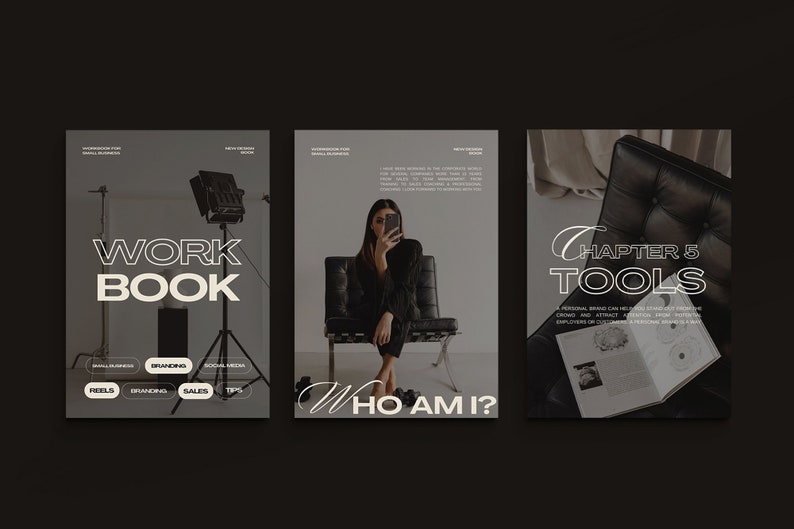 Pu&ograve; includere: Un quaderno di lavoro per piccole imprese con un design in bianco e nero. La copertina presenta il testo "WORK BOOK" in un carattere bianco e grassetto. Il quaderno &egrave; diviso in sezioni, tra cui "Reels", "Branding", "Sales" e "Tips".